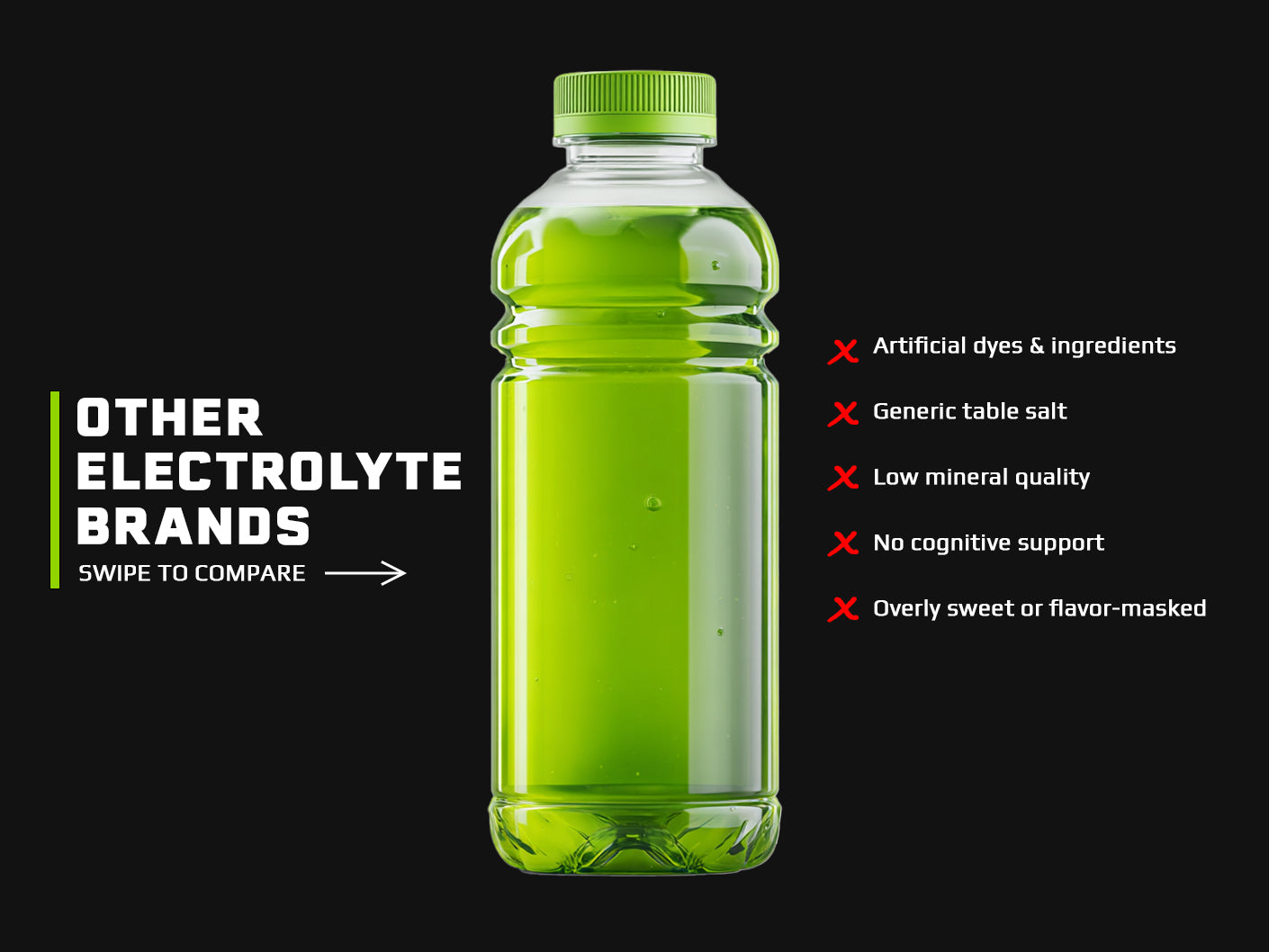 Green electrolyte drink bottle with negative points listed on a black background