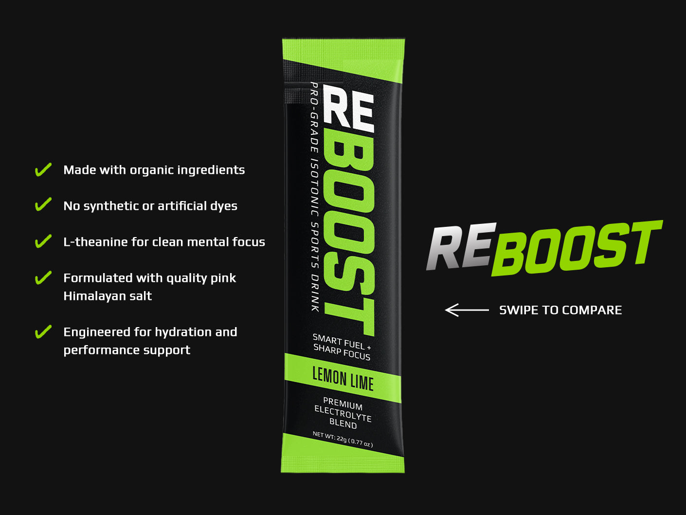 REBOOST lemon lime sports drink stick pack on a black background with product details.