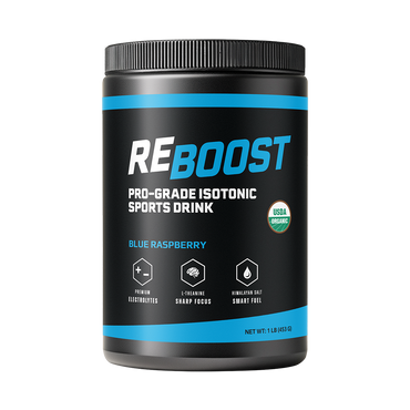 Blue Raspberry (Electrolyte Powder) Black container of REBOOST Pro-Grade Isotonic Sports Drink with blue accents on a white background
