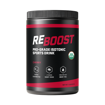 Cherry (Electrolyte Powder) REBOOST pro-grade isotonic sports drink container on a white background