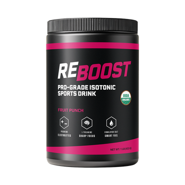 Fruit Punch REBOOST pro-grade isotonic sports drink container on a white background