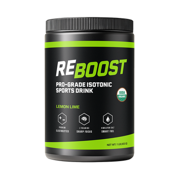 Lemon Lime (Electrolyte Powder) REBOOST pro-grade isotonic sports drink container with lemon lime flavor on a white background