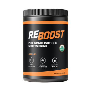Orange (Electrolyte Powder) Reboost pro-grade isotonic sports drink container on a white background