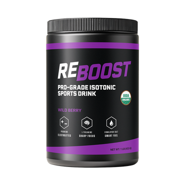 Wild Berry (Electrolyte Powder) REBOOST pro-grade isotonic sports drink container on a white background