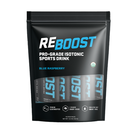 Blue Raspberry (Electrolyte Powder) REBOOST sports drink package with blue raspberry flavor on a white background