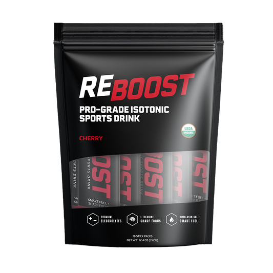 Cherry (Electrolyte Powder)REBOOST pro-grade isotonic sports drink package on a white background