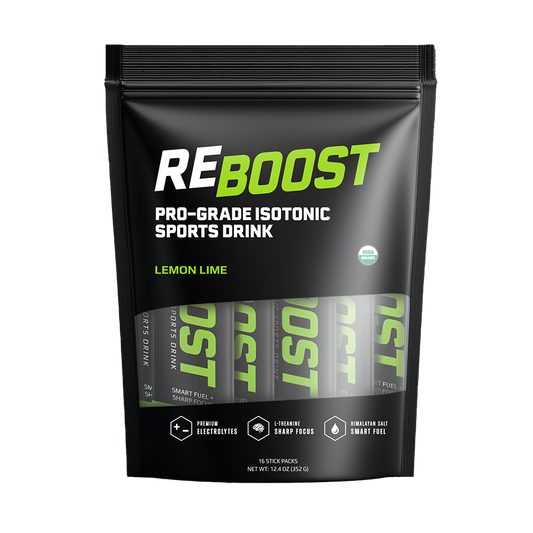 Lemon Lime (Electrolyte Powder) REBOOST sports drink package with lemon lime flavor on a white background
