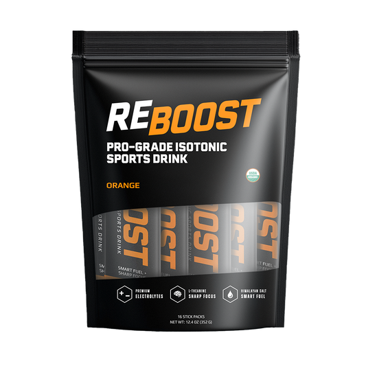 Orange (Electrolyte Powder) REBOOST sports drink package on a white background