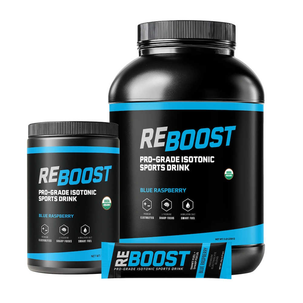 REBOOST blue raspberry sports drink container with smaller container and packet