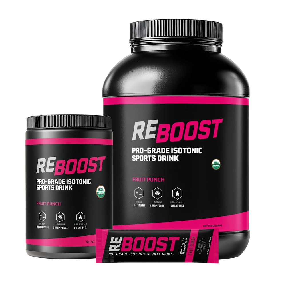 REBOOST fruit punch sports drink container with smaller container and packet