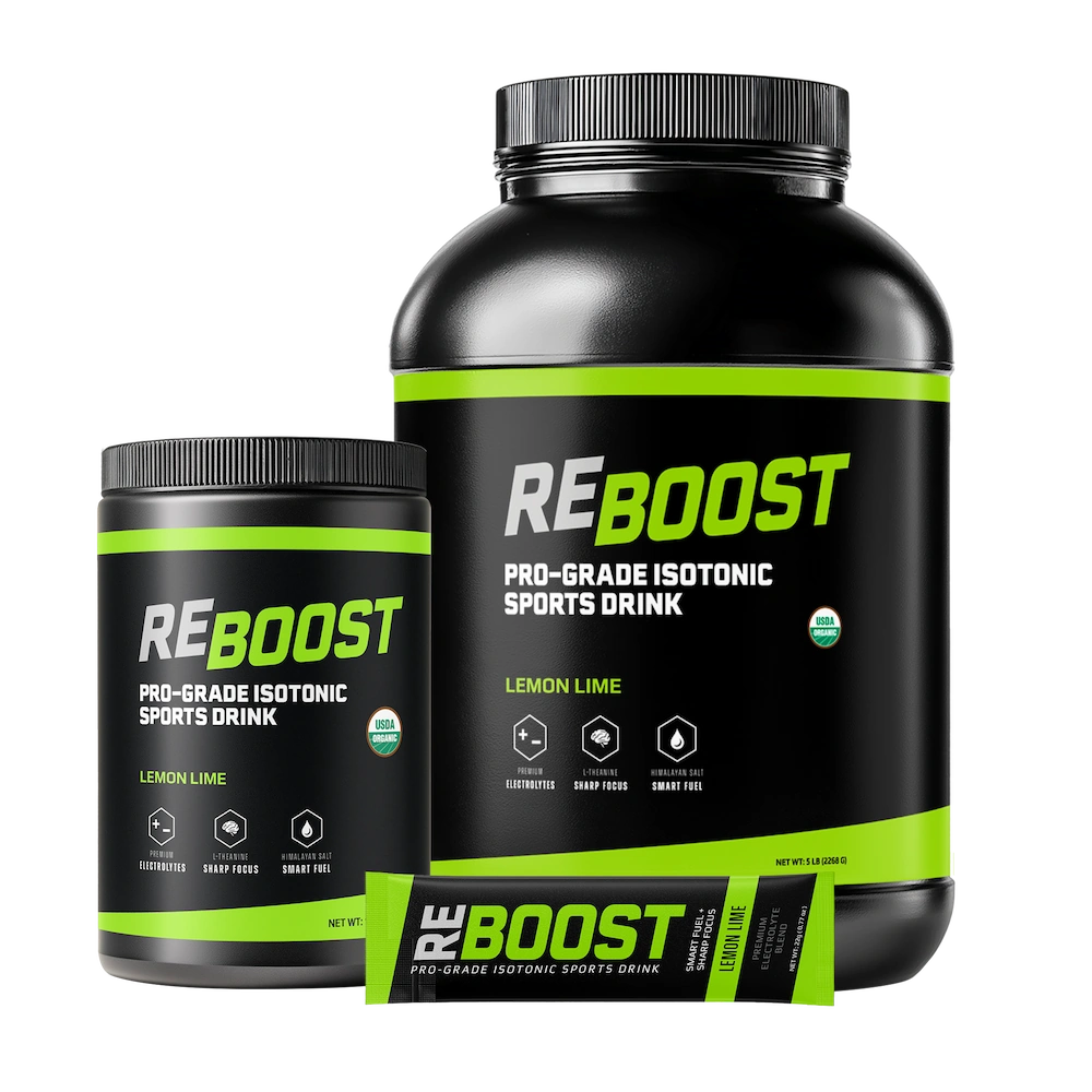 REBOOST lemon lime sports drink container with smaller container and packet