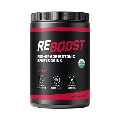 Cherry (Electrolyte Powder) REBOOST pro-grade isotonic sports drink container on a white background
