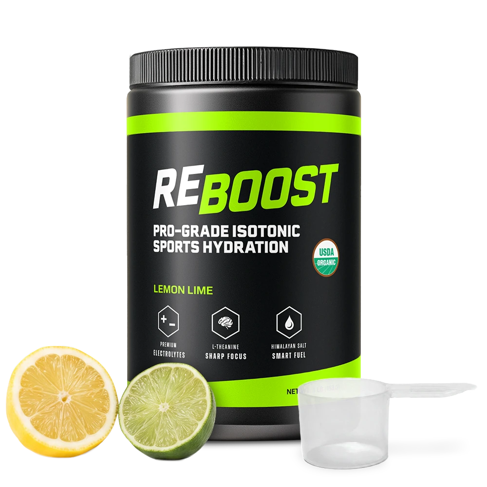 A black tub of REBOOST Pro-Grade Isotonic Sports Hydration in Lemon Lime flavor, shown on a white background with a lemon half, lime half, and a clear scoop.