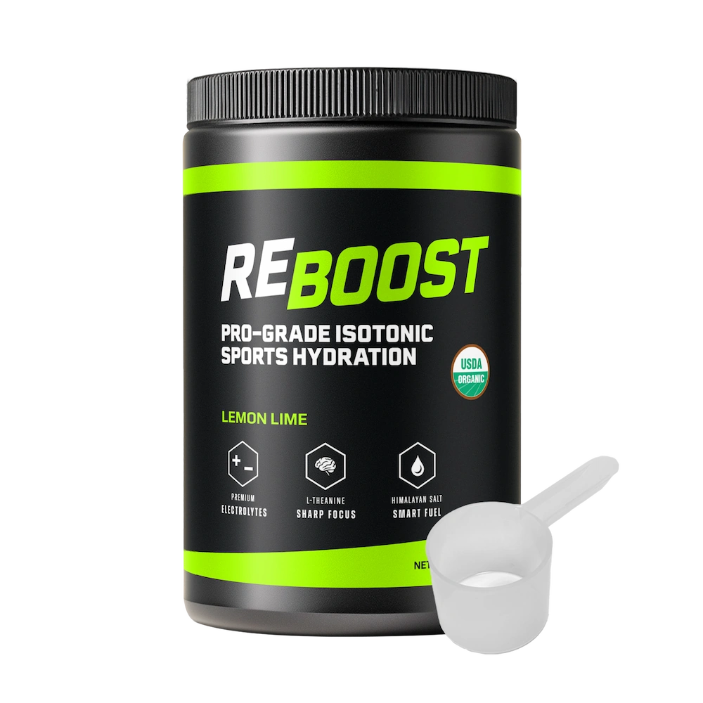 ReBoost lemon lime sports hydration powder container with a scoop