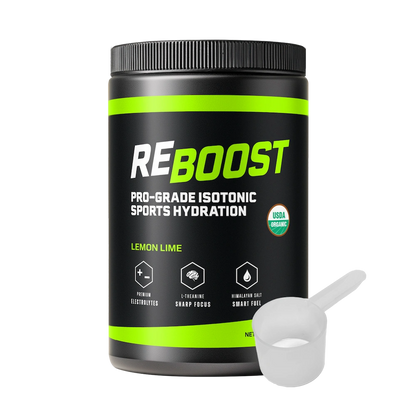 ReBoost lemon lime sports hydration powder container with a scoop