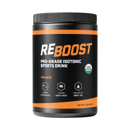 Orange (Electrolyte Powder) Reboost pro-grade isotonic sports drink container on a white background