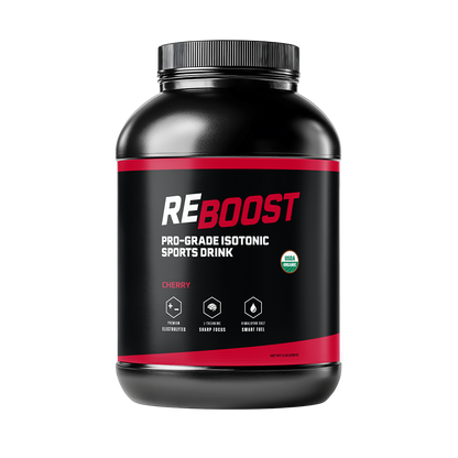 Cherry (Electrolyte Powder) Black and red container of Reboost sports drink on a white background