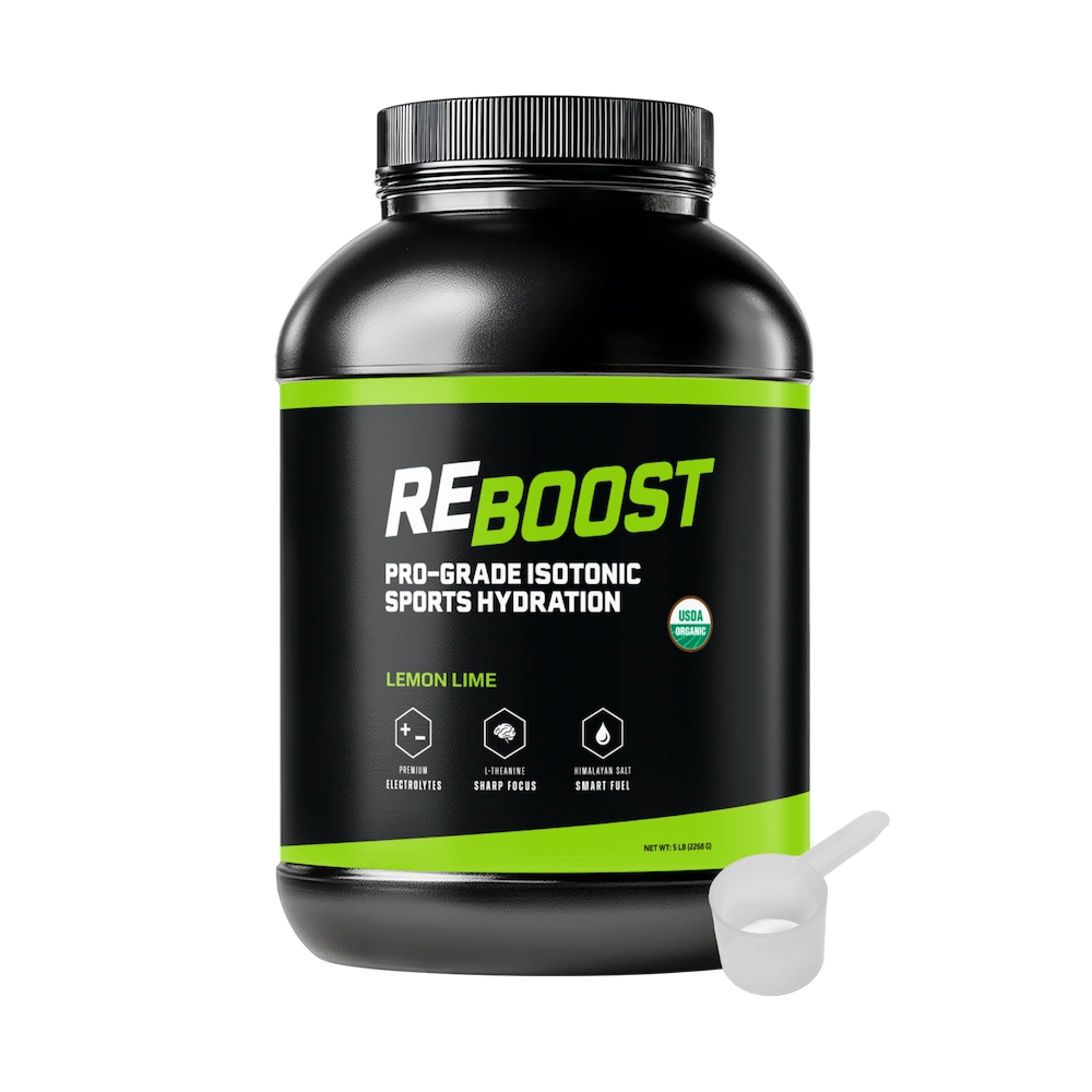 ReBoost lemon lime sports hydration powder container with scoop