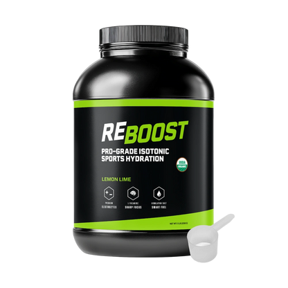 ReBoost lemon lime sports hydration powder container with scoop