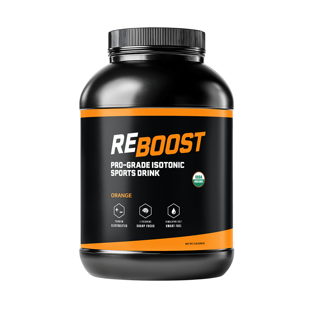 Orange (Electrolyte Powder) with black and orange container of Reboost sports drink on a white background