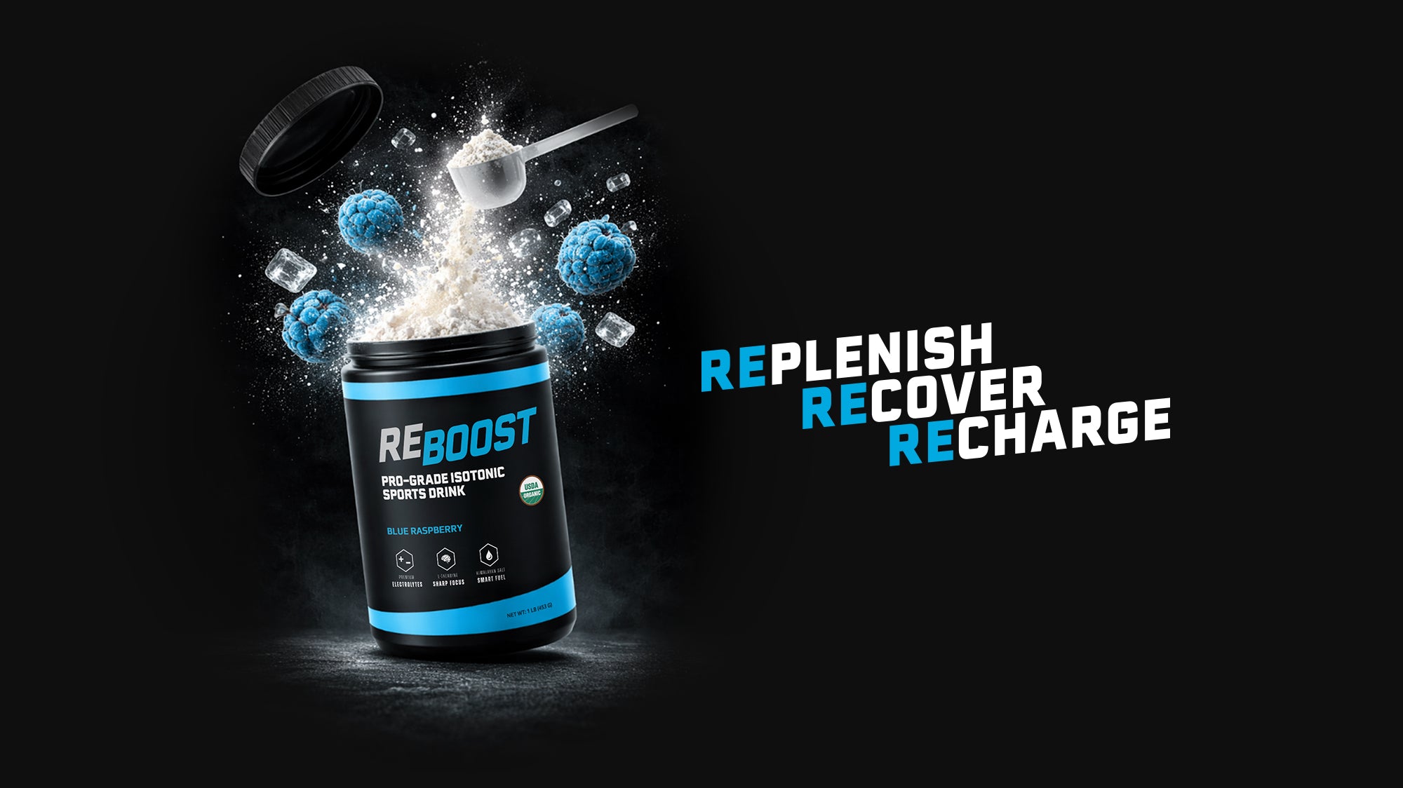 Blue raspberry flavor REBOOST container with powdery substance and orange slices on a dark background.