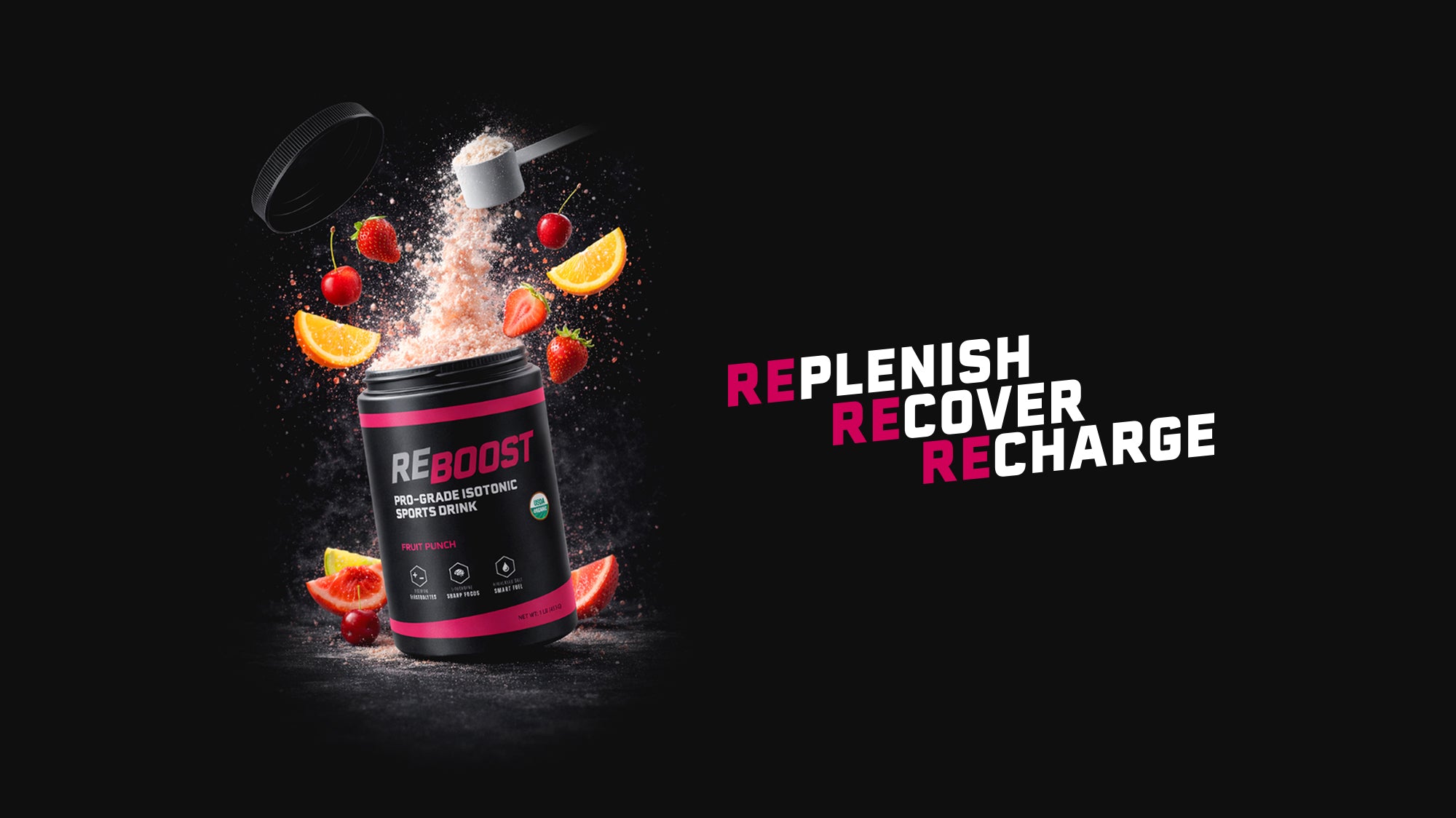 Fruit Punch flavor REBOOST container with powdery substance and orange slices on a dark background.