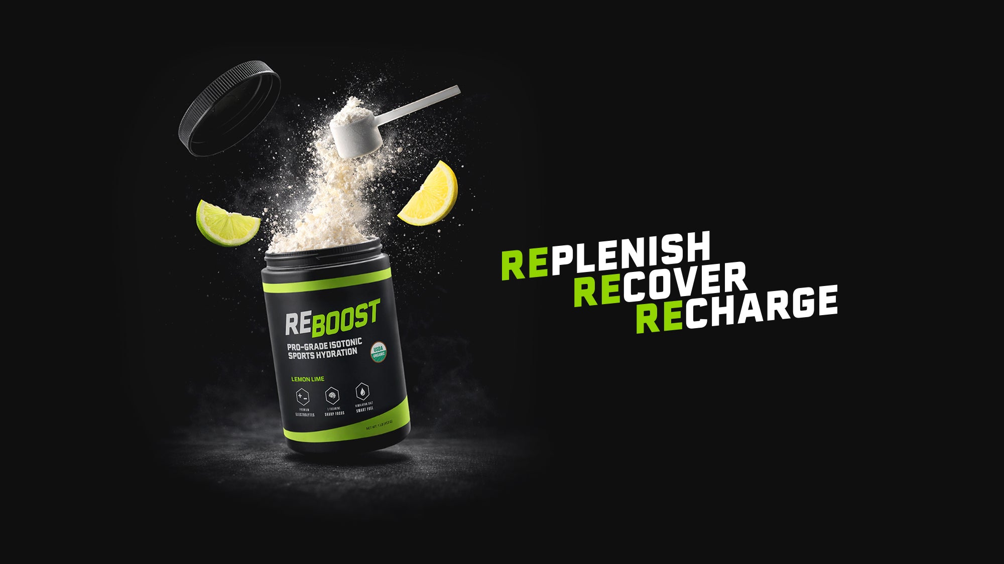 Lemon lime flavor REBOOST container with powdery substance and orange slices on a dark background.