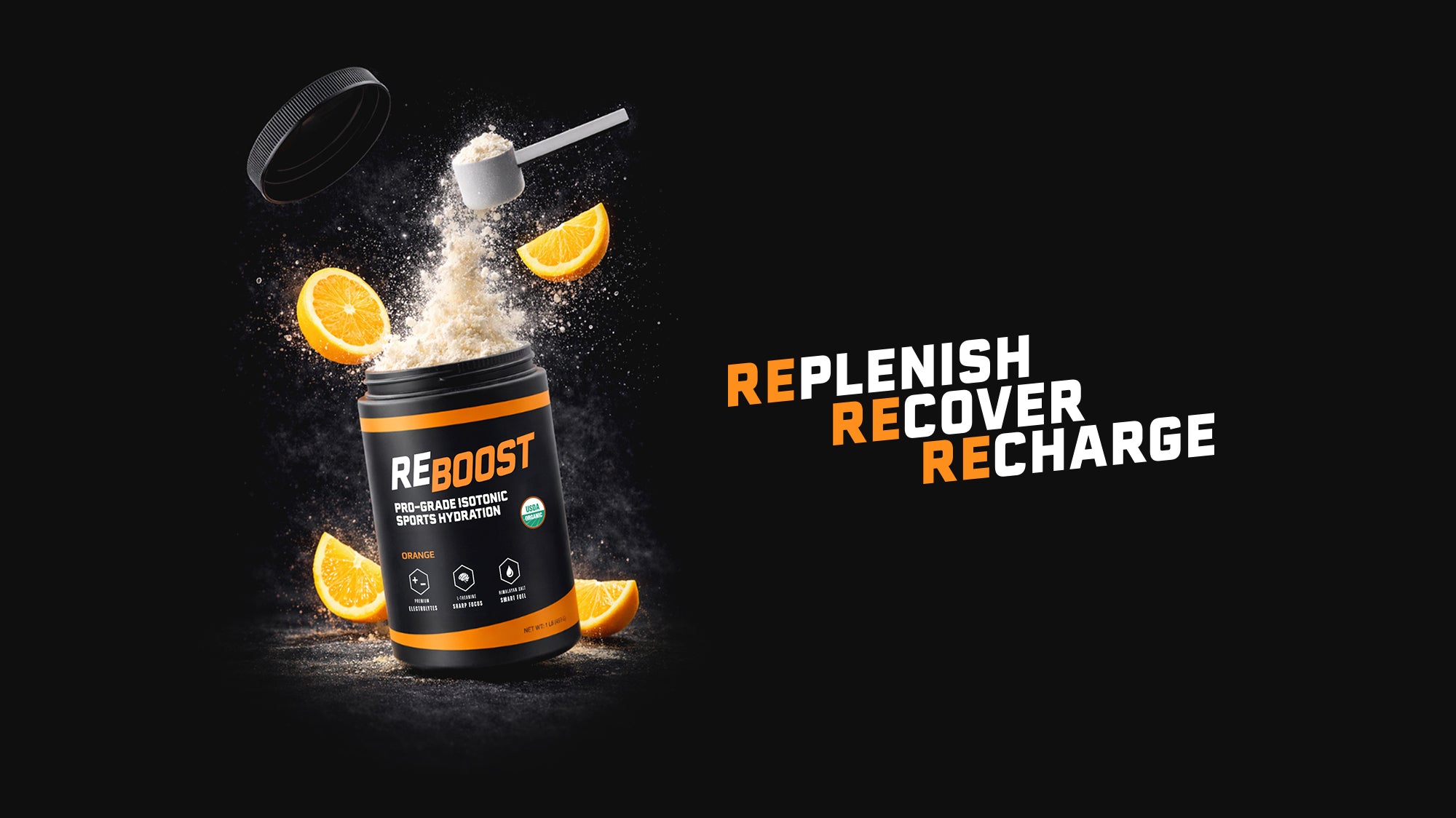 Orange flavor REBOOST container with powdery substance and orange slices on a dark background.