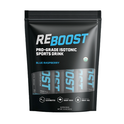 Reboost sports drink package with blue raspberry flavor