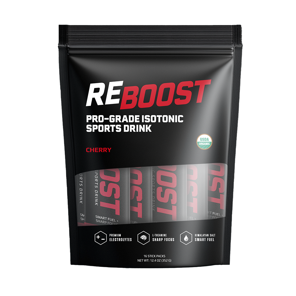 Cherry (Electrolyte Powder)REBOOST pro-grade isotonic sports drink package on a white background