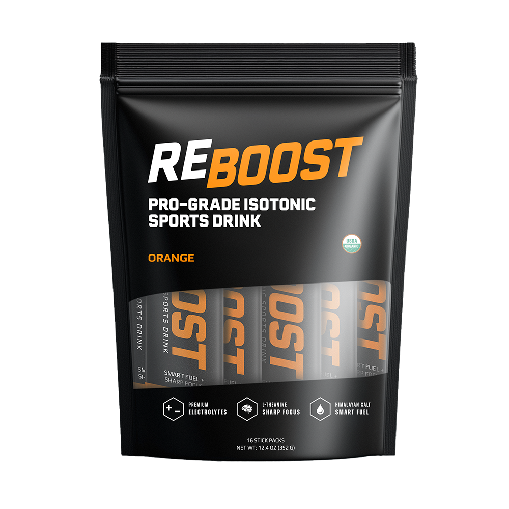 Orange (Electrolyte Powder) REBOOST sports drink package on a white background