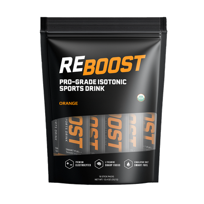 Orange (Electrolyte Powder) REBOOST sports drink package on a white background
