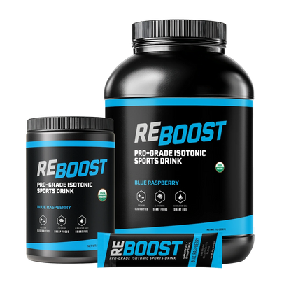 REBOOST blue raspberry sports drink container with smaller container and packet