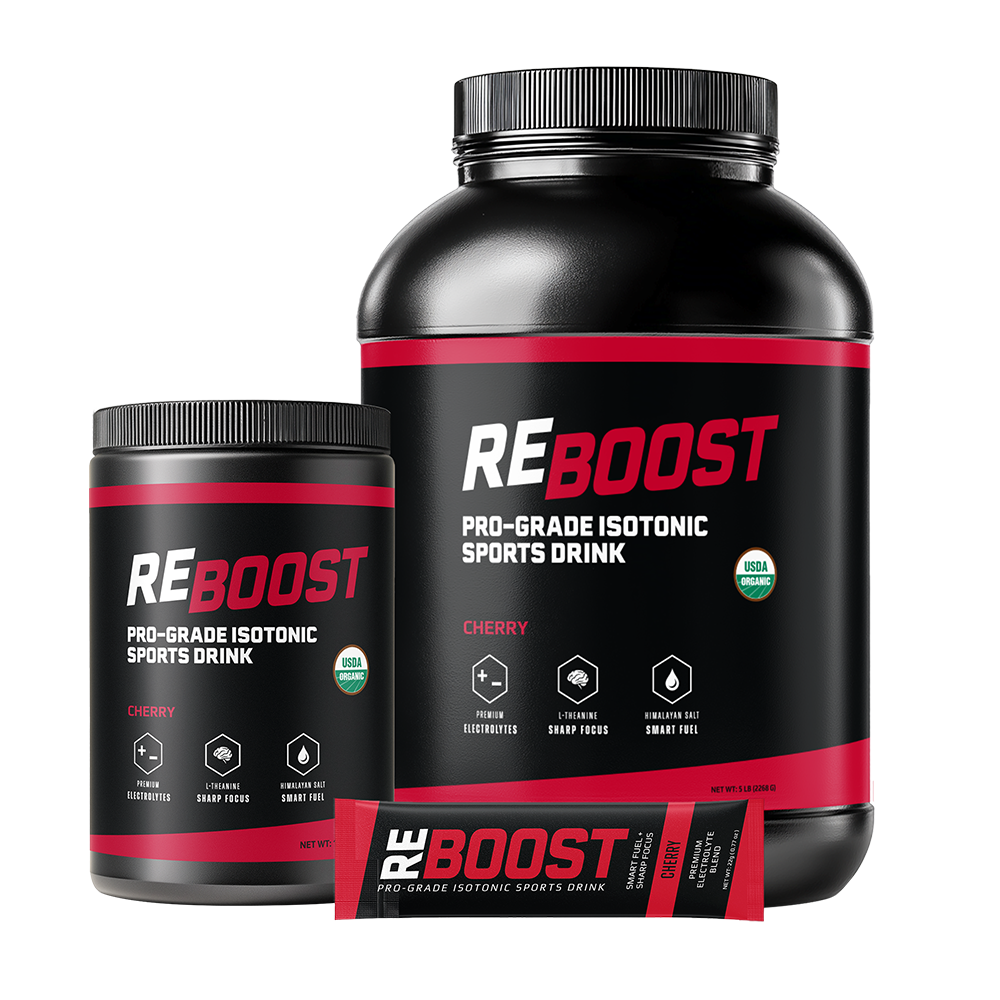 Cherry (Electrolyte Powder) REBOOST pro-grade isotonic sports drink containers on a white background