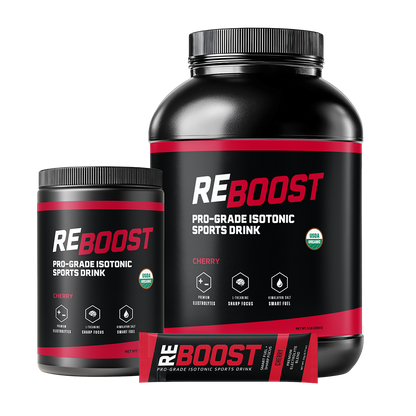 Cherry (Electrolyte Powder) REBOOST pro-grade isotonic sports drink containers on a white background
