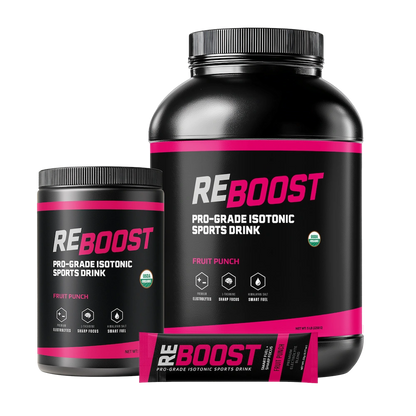 REBOOST fruit punch sports drink container with smaller container and packet