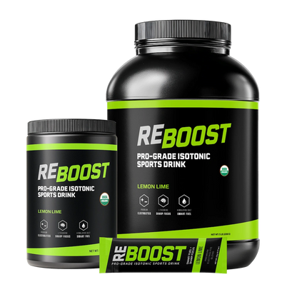 REBOOST lemon lime sports drink container with smaller container and packet