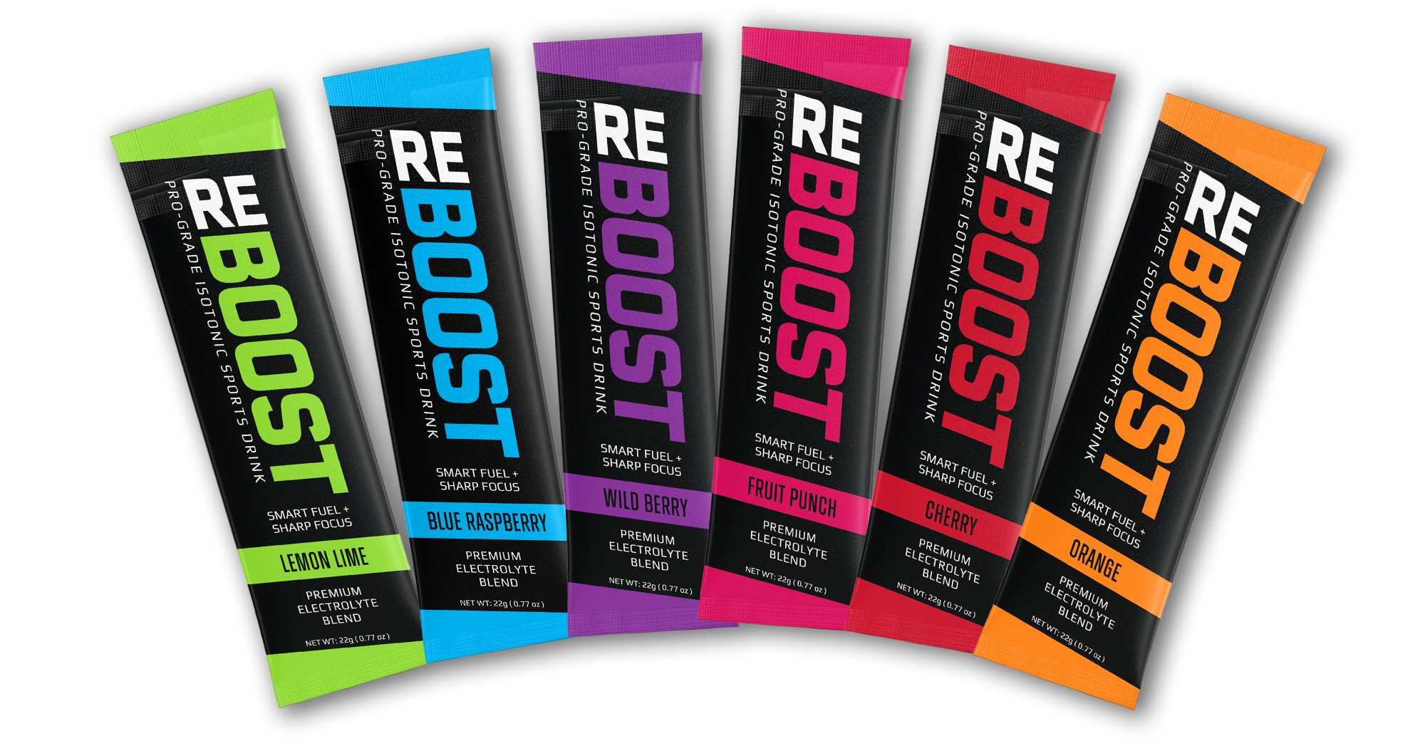 Assorted REBOOST electrolyte flavors stick packages on a transparent background