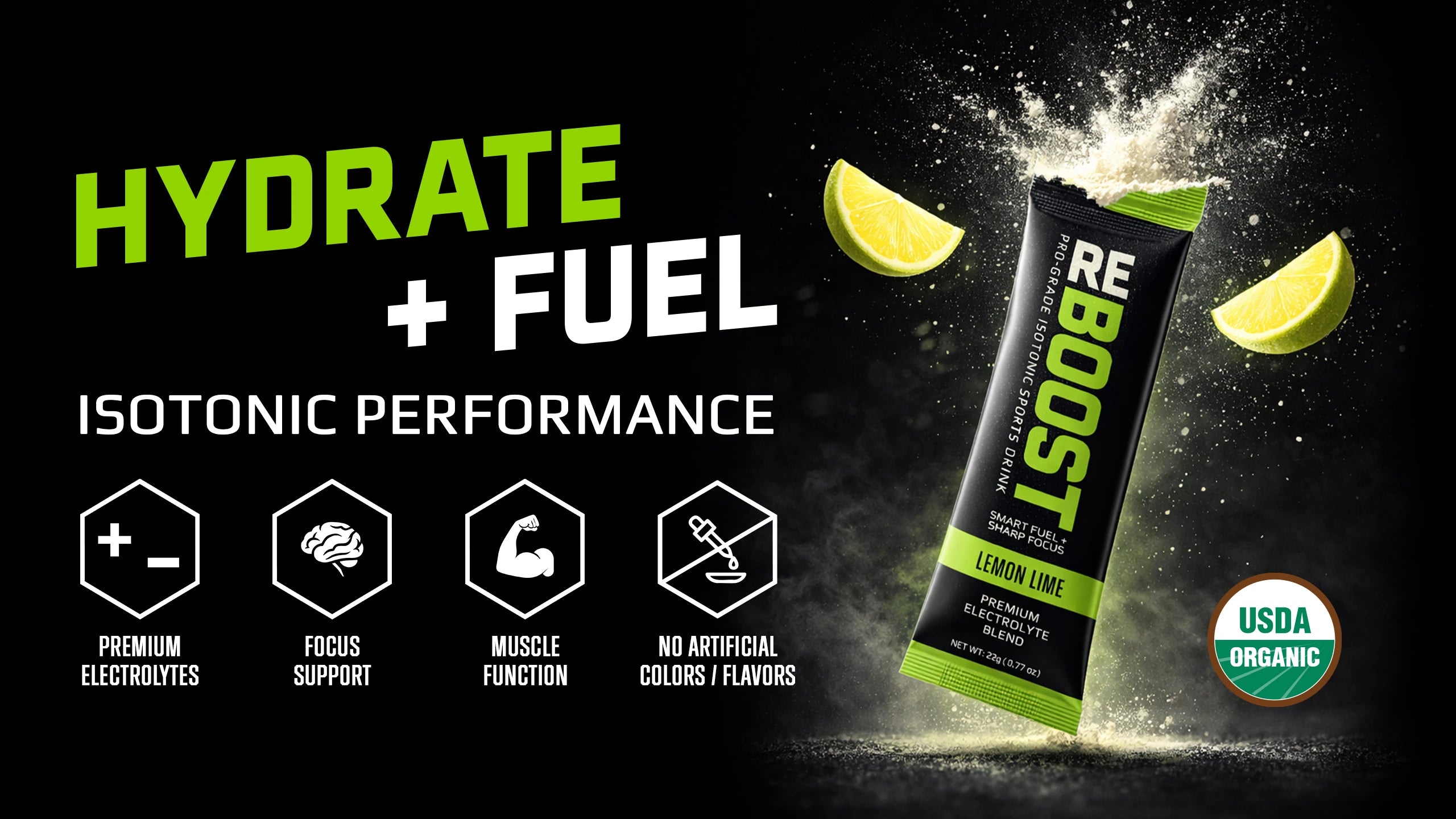 Reboost Lemon Lime isotonic performance mix with lime slices on a black background