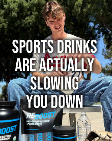 Person sitting outdoors with sports drink products and text about their effects.