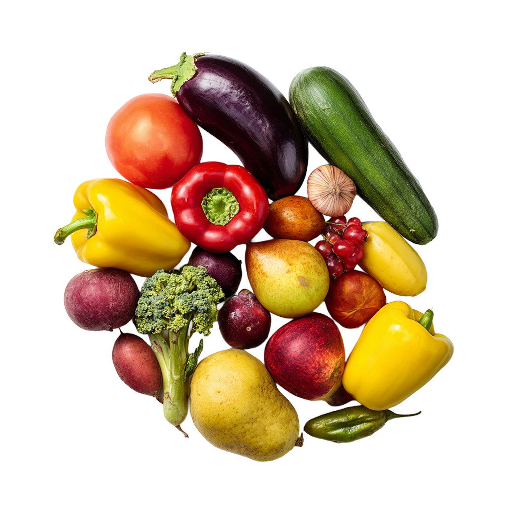 Assorted fruits and vegetables arranged in a circle on a transparent background