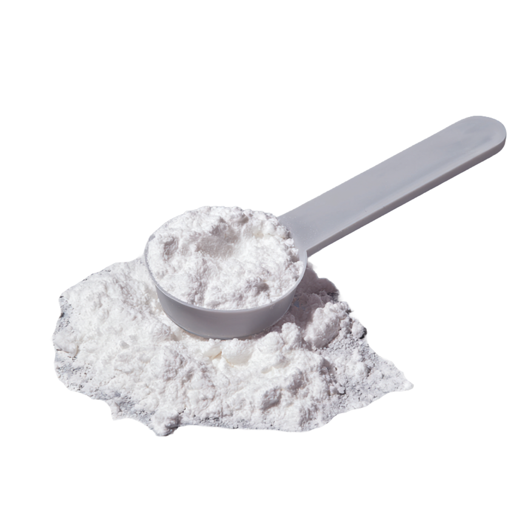 White vitamin as a powder in a measuring spoon on a transparent background